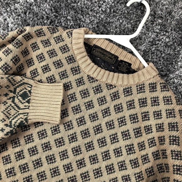 Vintage Eddie Bauer Sweater Mens XL Beige Argyle Knit Cotton Crewneck 90s - Picture 1 of 7